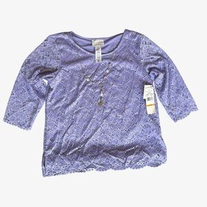 Alfred Dunner Women's Lace Tulip Hem 3/4 Sleeve Top Necklace Purple Petite Small